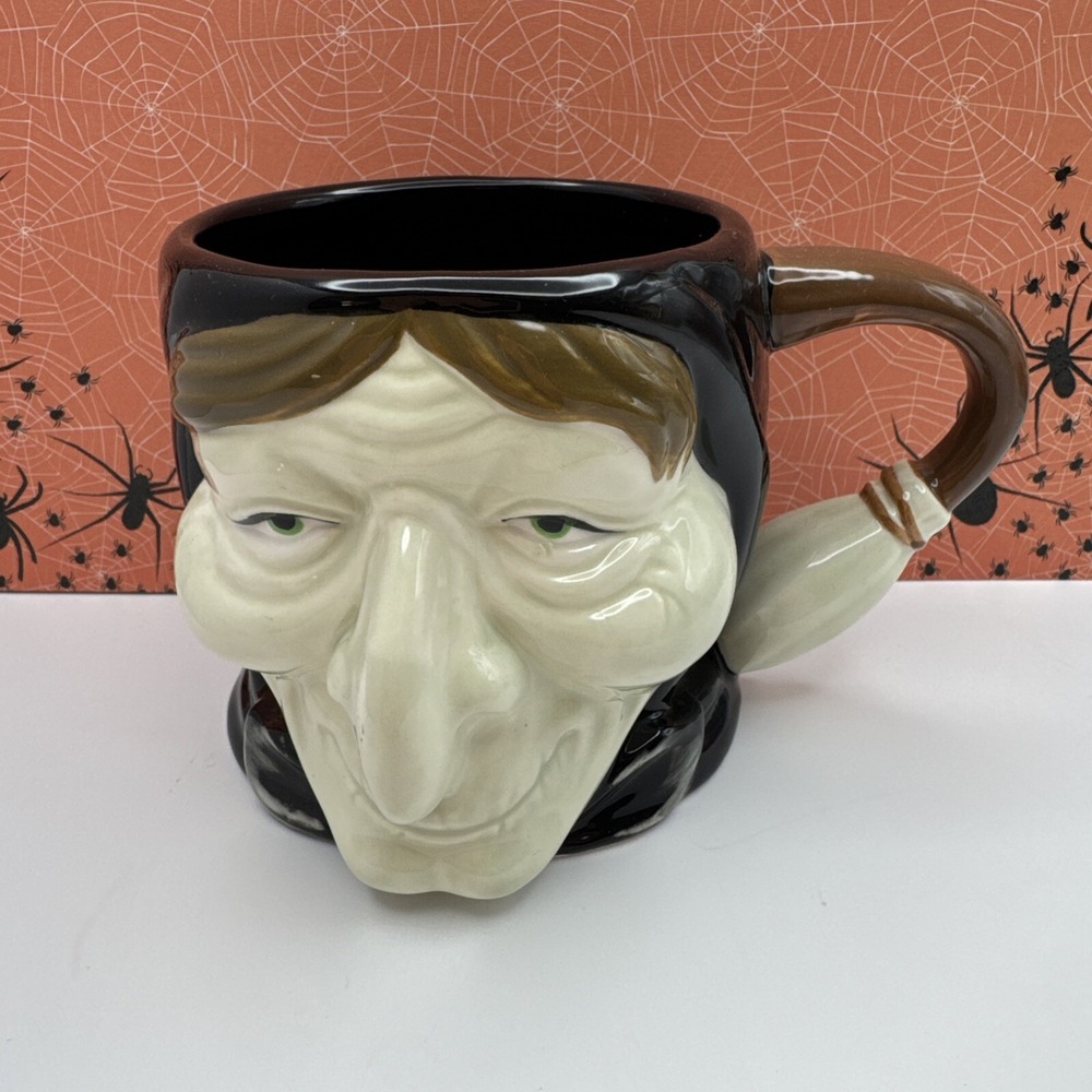 Williams Sonoma Halloween Coffee Mug Cup 3D Figural Witch Face Broom Handle New